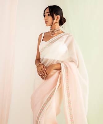Ivory & pink embroidered organza saree set 3