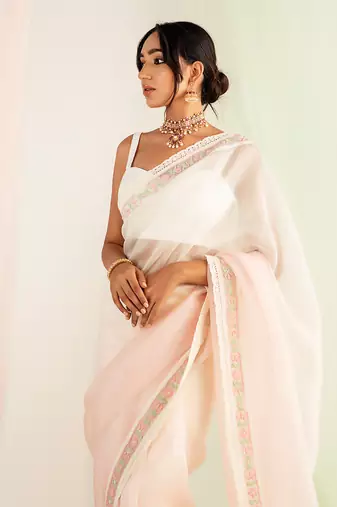 Ivory & pink embroidered organza saree set