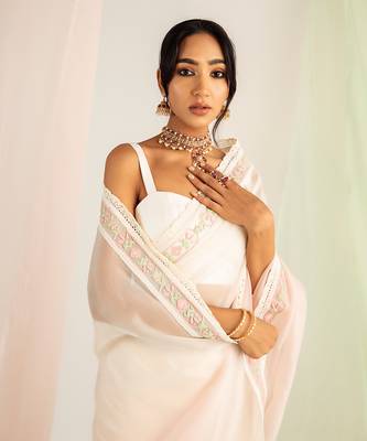 Ivory & pink embroidered organza saree set 4
