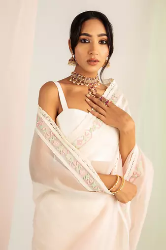 Ivory & pink embroidered organza saree set