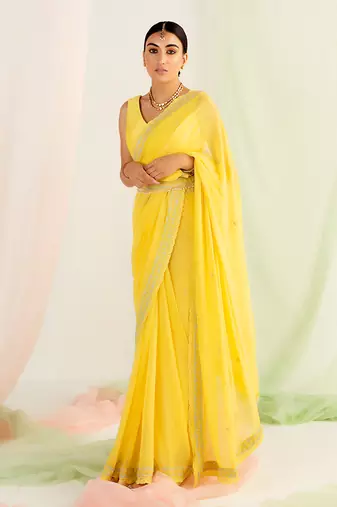 Yellow embroidered saree set