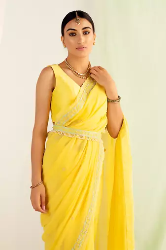 Yellow embroidered saree set
