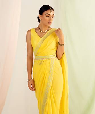 Yellow embroidered saree set 4