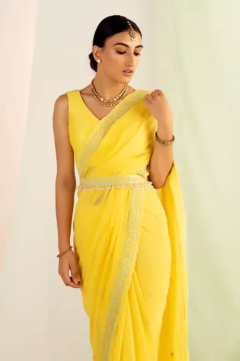 Yellow embroidered saree set