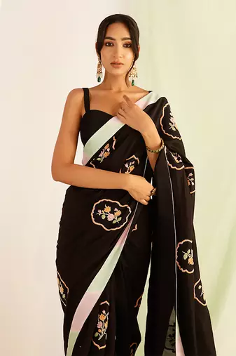 Black embroidered handcrafted saree set