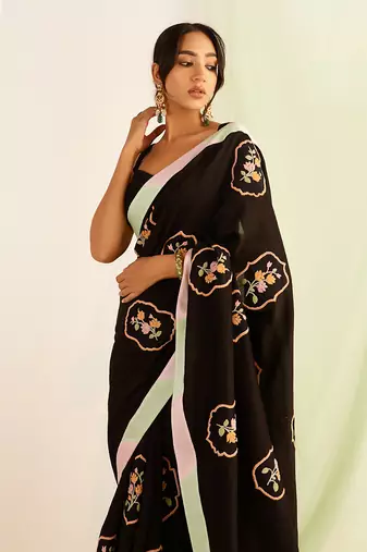 Black embroidered handcrafted saree set
