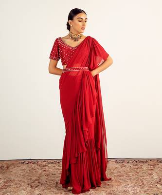 Maroon georgette embroidered pre stitched saree set 1