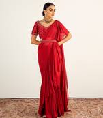 Maroon georgette embroidered pre stitched saree set