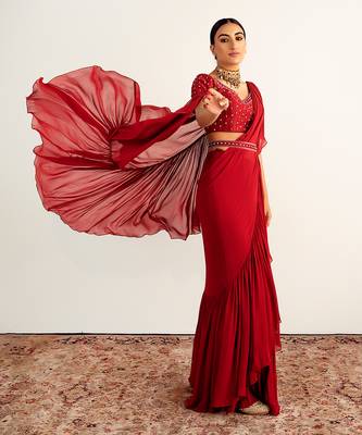 Maroon georgette embroidered pre stitched saree set 2