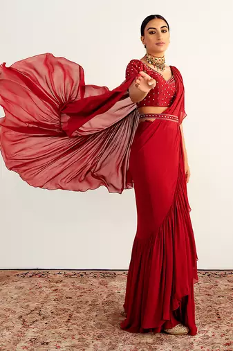 Maroon georgette embroidered pre stitched saree set
