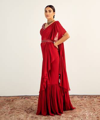 Maroon georgette embroidered pre stitched saree set 3
