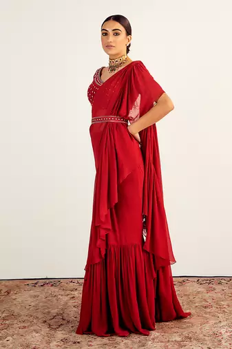 Maroon georgette embroidered pre stitched saree set