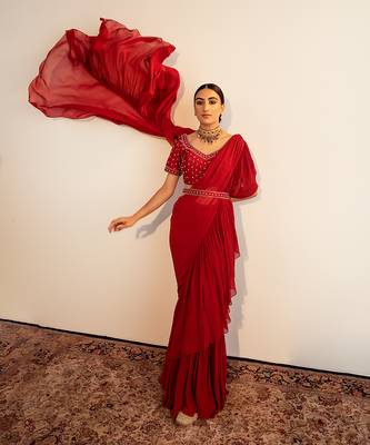 Maroon georgette embroidered pre stitched saree set 4