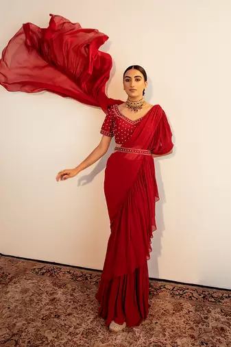 Maroon georgette embroidered pre stitched saree set