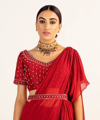 Maroon georgette embroidered pre stitched saree set 5