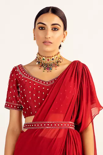 Maroon georgette embroidered pre stitched saree set