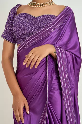 Purple hand embroidered saree set