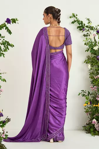 Purple hand embroidered saree set
