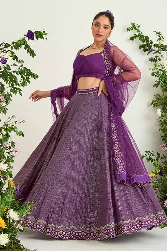 Purple Hand Embellished Lehenga Set