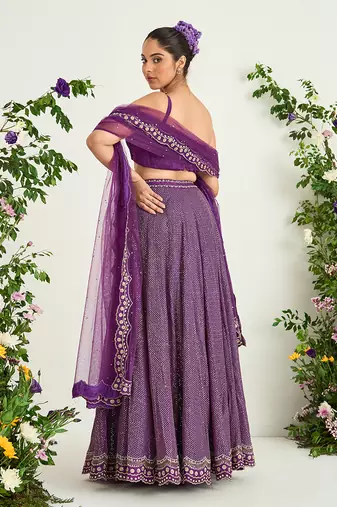 Purple Hand Embellished Lehenga Set