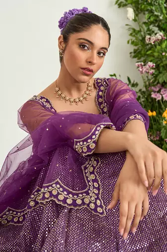 Purple Hand Embellished Lehenga Set