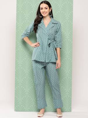 teal green chevron print wrap top trouser co ords 1