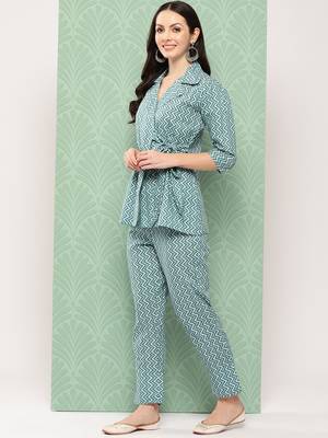 teal green chevron print wrap top trouser co ords 2