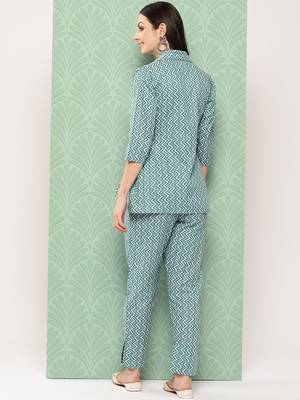 teal green chevron print wrap top trouser co ords 3