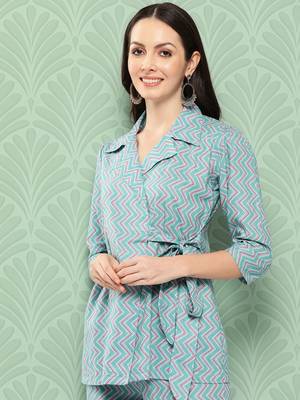 turquoise blue chevron print lapelled collar co ords 4