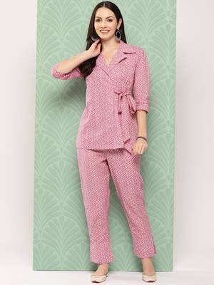 pink chevron print lapelled collar co ords 1