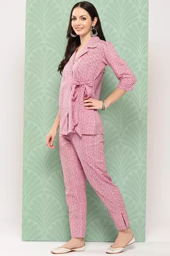 pink chevron print lapelled collar co ords