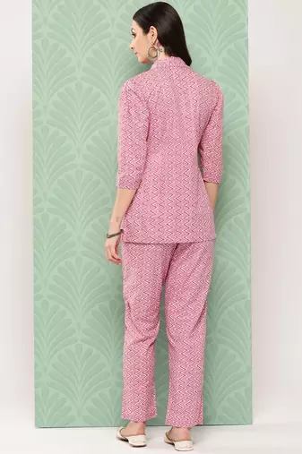 pink chevron print lapelled collar co ords