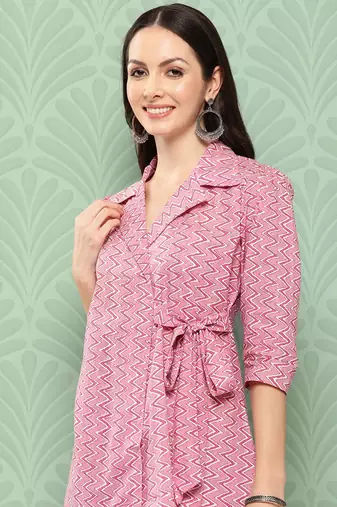 pink chevron print lapelled collar co ords