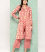  peach printed shrug and crop top trousers co ords