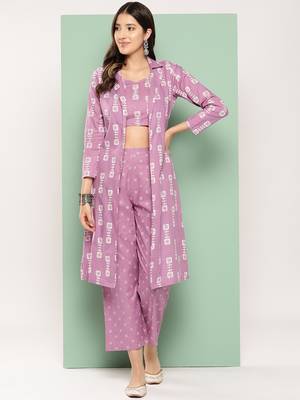  purple printed shrug and crop top trousers co ords 1