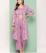  purple printed shrug and crop top trousers co ords