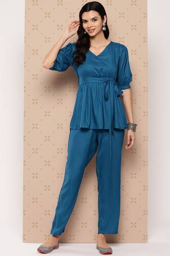  teal blue solid a-line top and trousers co-ords set