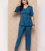  teal blue solid a-line top and trousers co-ords set