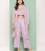 purple floral shrug and crop top trousers co ords