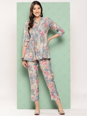  blue floral print a-line top trousers co ords 1