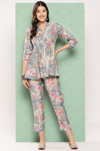  blue floral print a-line top trousers co ords