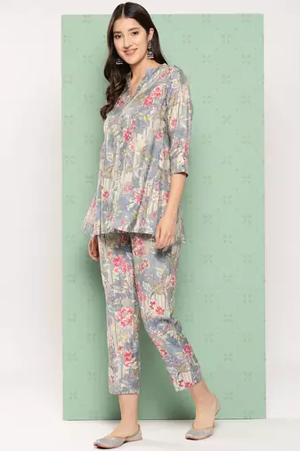  blue floral print a-line top trousers co ords