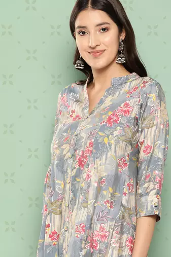  blue floral print a-line top trousers co ords