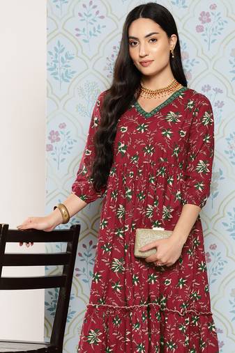  maroon floral fit and flare dress
