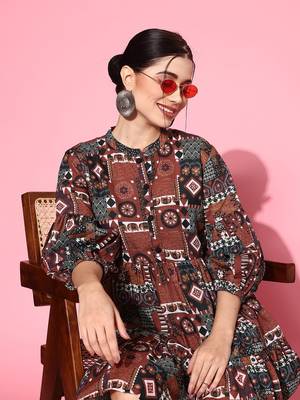  rust digital print fit and flare tiered dress 1