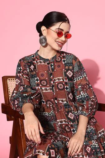  rust digital print fit and flare tiered dress