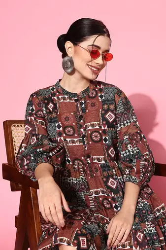  rust digital print fit and flare tiered dress