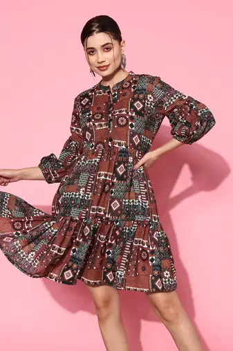  rust digital print fit and flare tiered dress