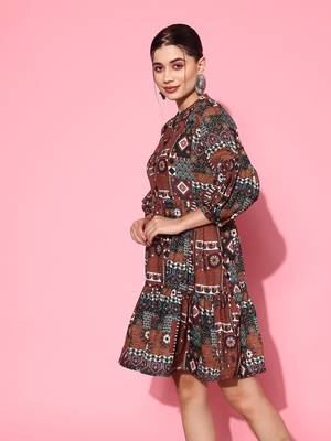  rust digital print fit and flare tiered dress 3