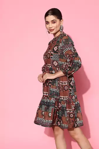  rust digital print fit and flare tiered dress